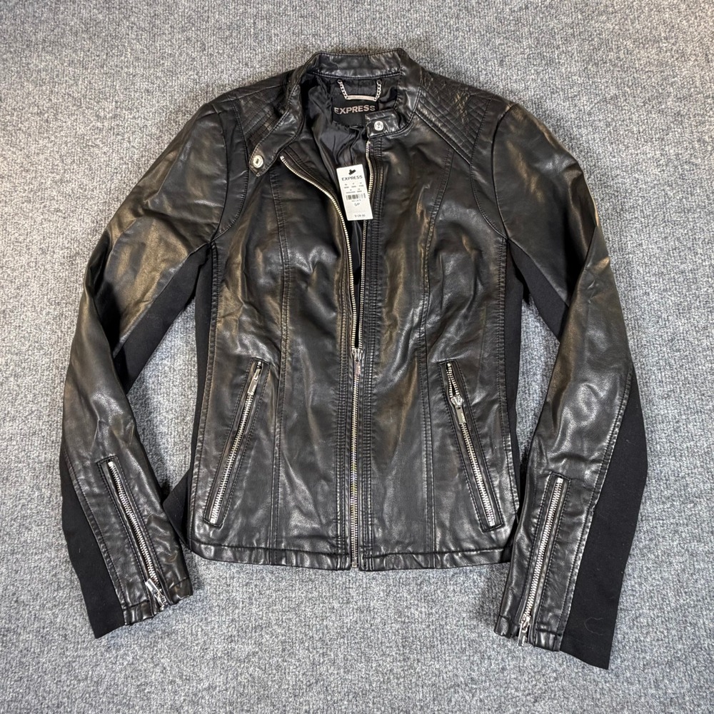 Express Womens Black Faux Leather Moto Biker Jacket Quilted Zip Small Petite NWT